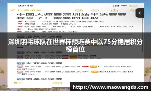 深圳羽毛球队在世界杯预选赛中以75分稳居积分榜首位